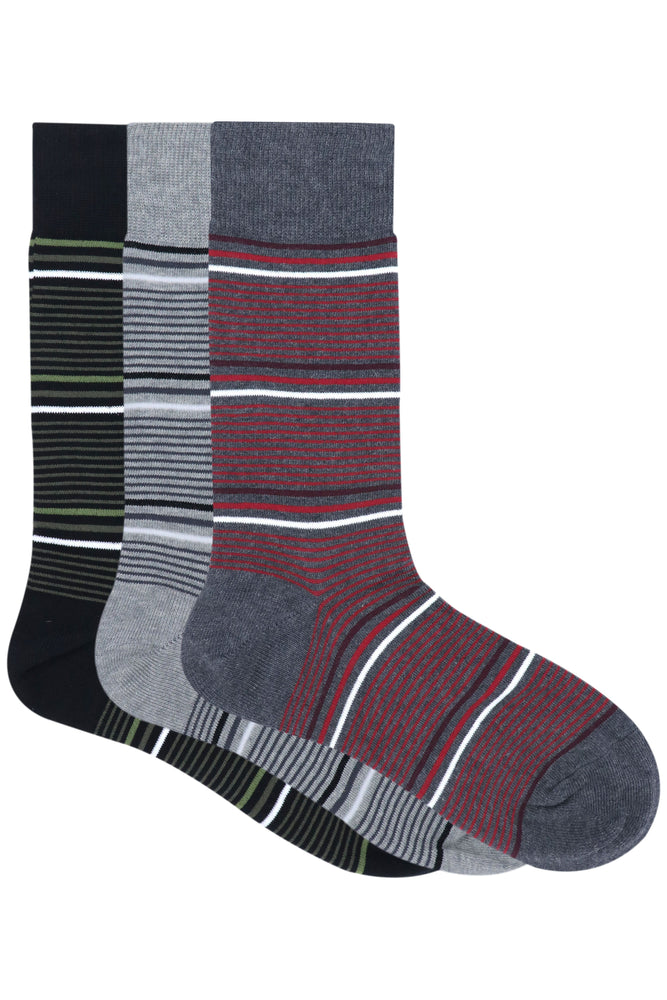 Balenzia Men's Striped Cotton Crew length Socks-(Pack of 3 Pairs/1U)-(Black,L.Grey,D.Grey) - Balenzia