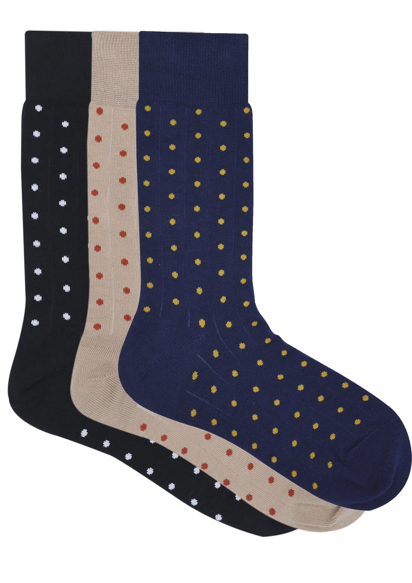 Balenzia Men's Polka Pattern Cotton Calf length socks- (Pack of 3 Pairs/1U)( Black,Beige,Navy) - Balenzia