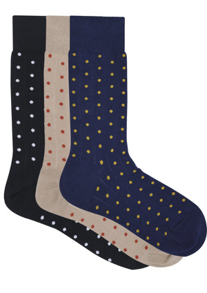 Balenzia Men's Polka Pattern Cotton Calf length socks- (Pack of 3 Pairs/1U)( Black,Beige,Navy) - Balenzia