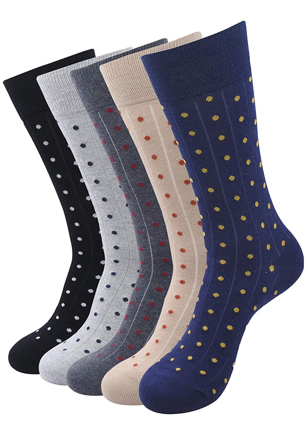 Balenzia Men's Polka Pattern Cotton Calf length socks- Pack of 5/1U (Black,L.Grey,D.Grey,Beige,Navy) - Balenzia