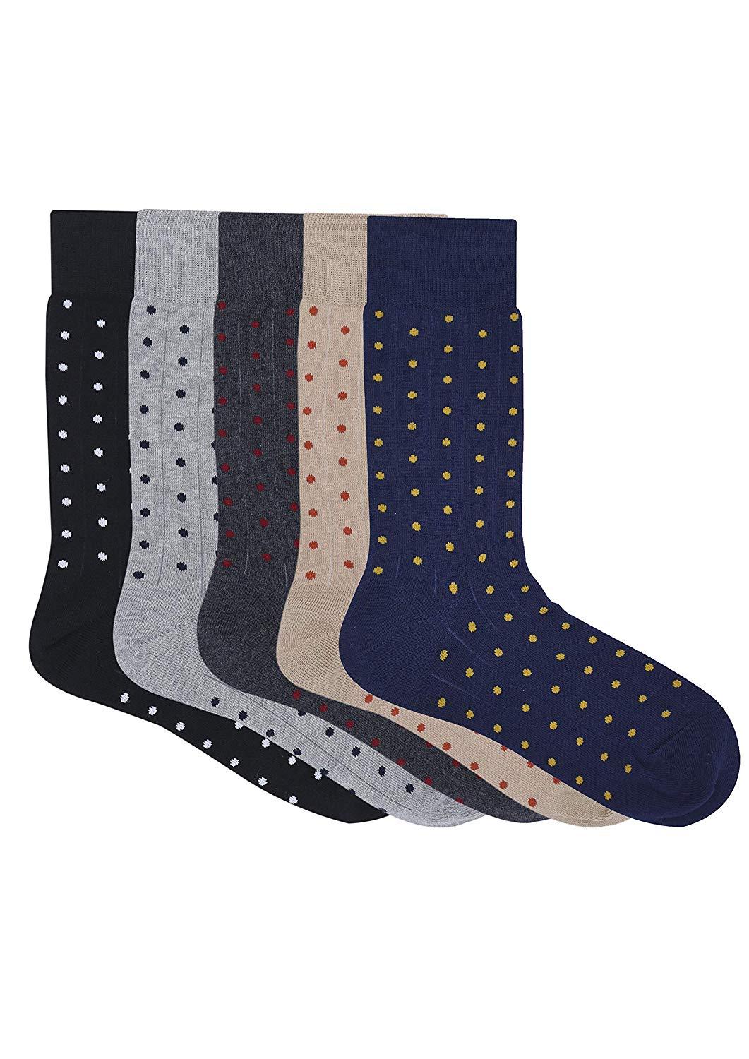 Balenzia Men's Polka Pattern Cotton Calf length socks- Pack of 5/1U (Black,L.Grey,D.Grey,Beige,Navy) - Balenzia