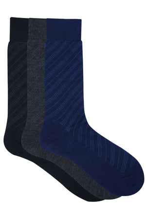 Balenzia Men's Woollen Diagonal Stripes design Crew Socks -Black, Navy, D.Grey- (Pack of 3 Pairs/1U) - Balenzia
