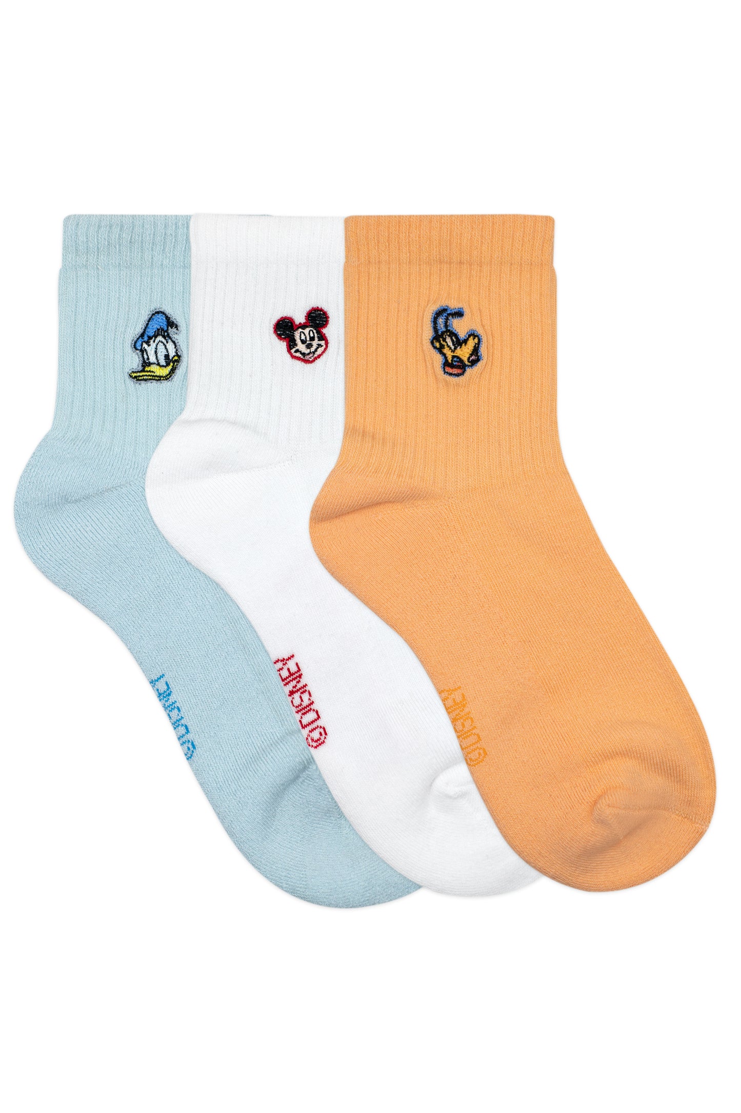 Balenzia x Disney Mickey ,Donald & Pluto Embroidered Half Cushioned High Ankle Socks for Women (Pack of 3 Pairs/1U)(Free Size) Orange,White & Blue - Balenzia