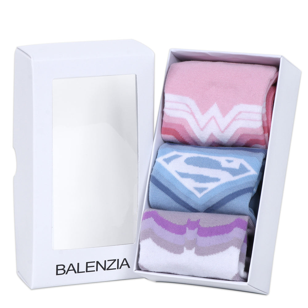 Balenzia X Justice League Women's Combed Cotton Ankle Length Socks-Pack of 3 Pairs/1U (Pink,Blue,Purple)(Free Size) Superman, Batman, Wonder Woman - Balenzia