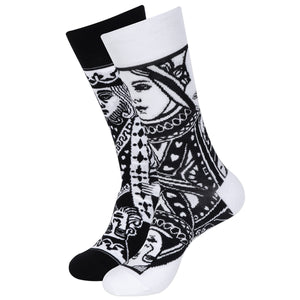 Balenzia Special Edition Poker King & Queen Patterned Crew Length Socks for Men & Women-Black,White (Free Size)(Pack of 2 Pairs/1U) - Balenzia