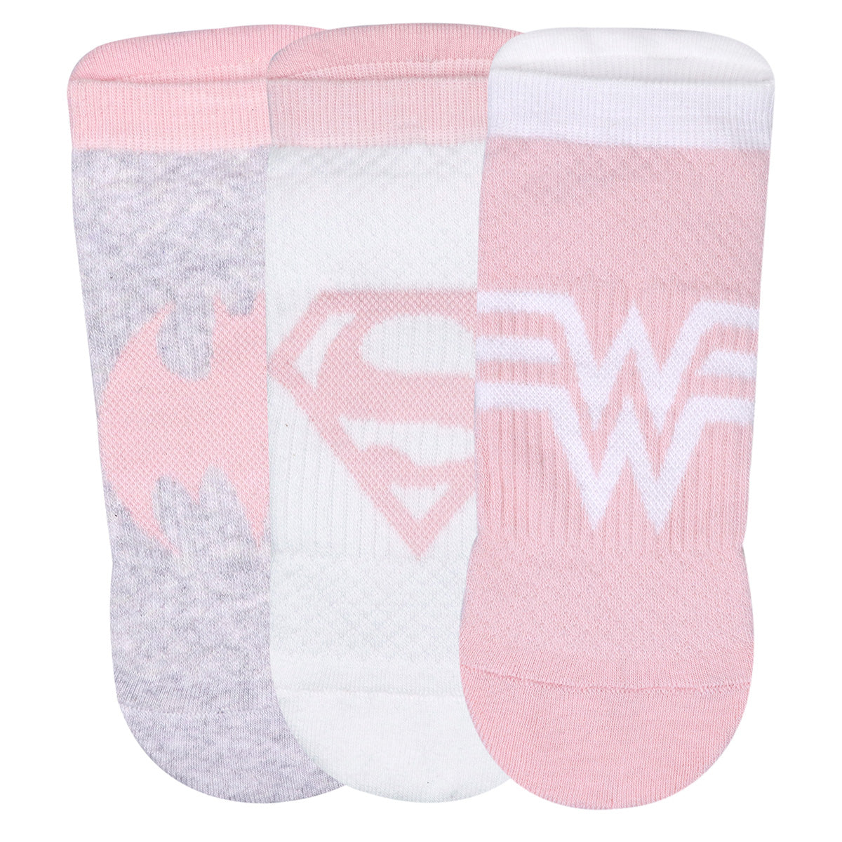 Balenzia X Justice League Women's Combed Cotton Ankle Length Socks-Pack of 3 Pairs/1U (Pink,Grey,White)(Free Size)Superman, Batman, Wonder Woman - Balenzia