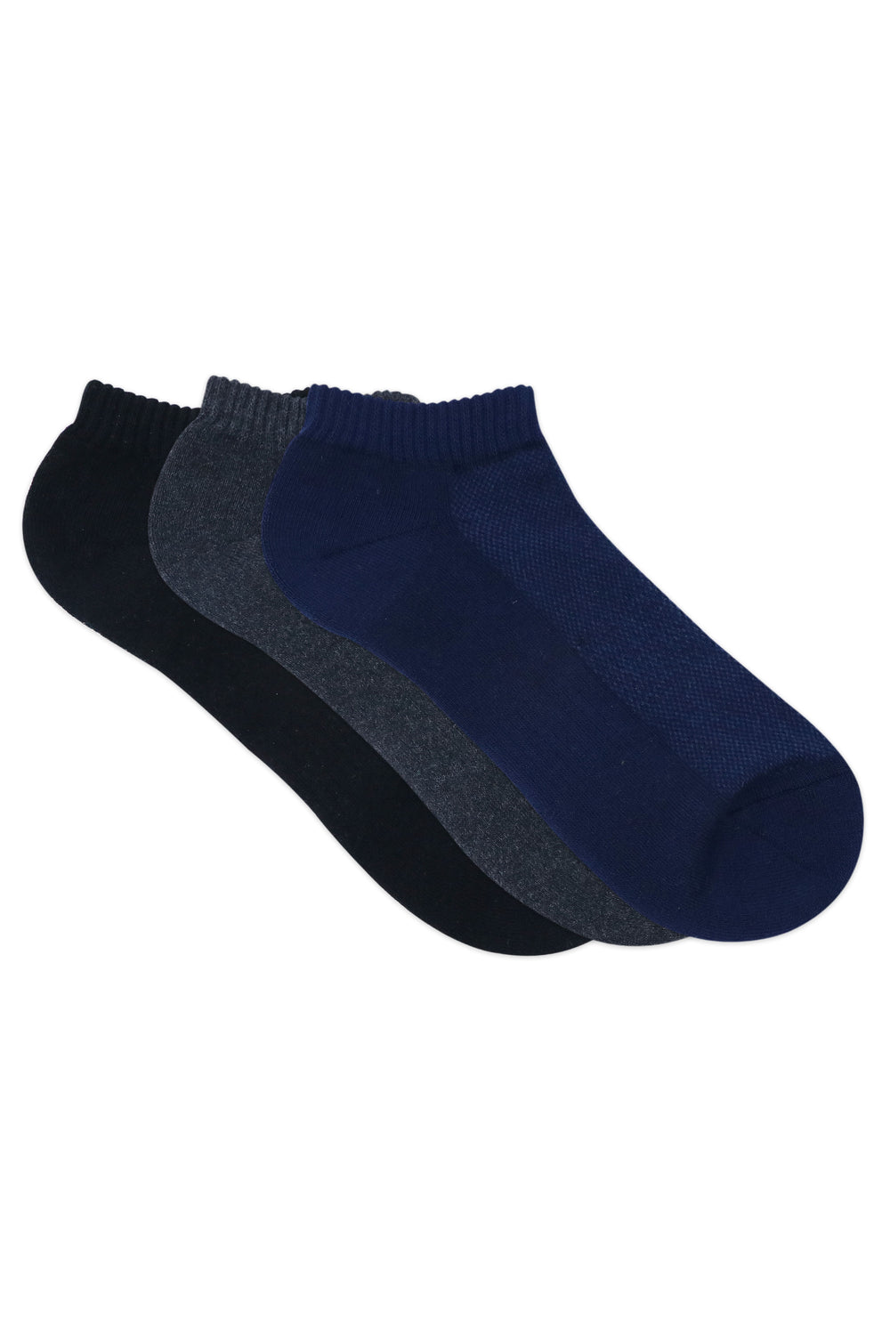 Balenzia Men's Cotton Cushioned Solid Ankle Socks with Mesh Knit, Gym Socks Free -(23 cm)Size, (Pack of 3 Pairs/1U) (Black,Navy,D.Grey) - Balenzia