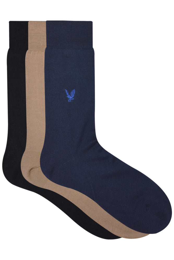 Balenzia Men's Embroidered Premium Mercerised Cotton Socks -Black, Navy, Beige- (Pack of 3 Pairs/1U) - Balenzia