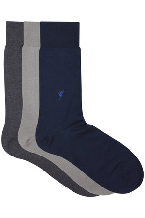 Balenzia Men's Embroidered Premium Mercerised Cotton Socks -Navy, Light Grey, Dark Grey- (Pack of 3 Pairs/1U) - Balenzia