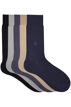 Balenzia Men's Embroidered Premium Mercerised Cotton Socks -Black, Dark Grey, Light Grey, Navy, Beige- (Pack of 5 Pairs/1U) - Balenzia