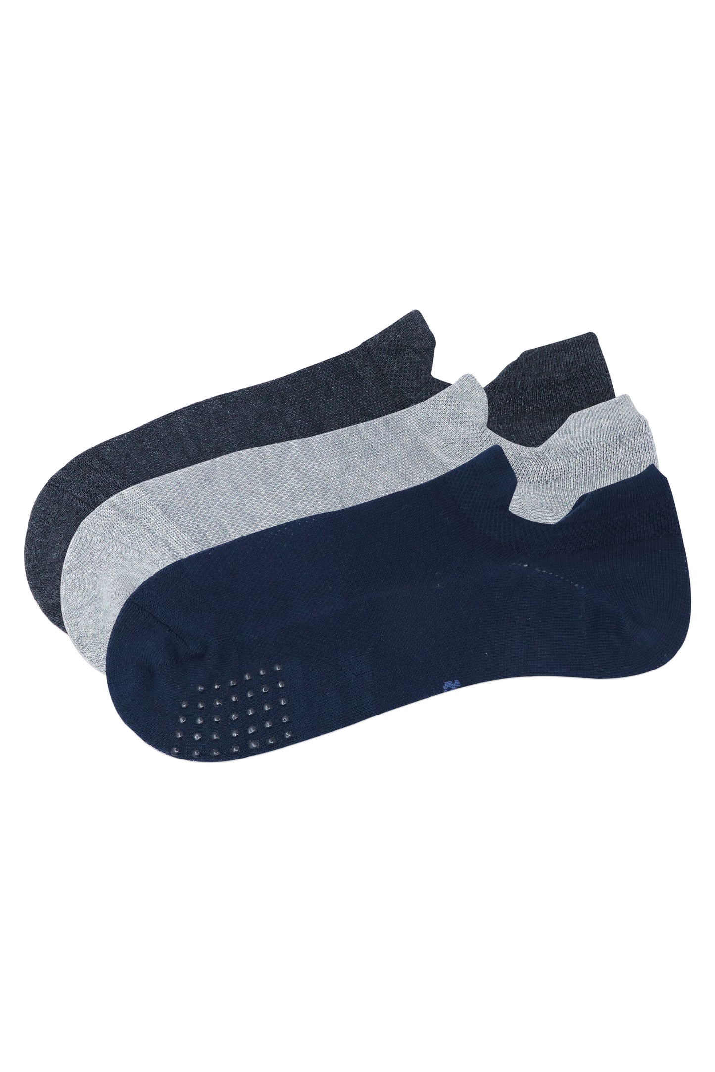 Balenzia Men's Coolmax Gym/Sports/Running Socks with Mesh Knit & Anti-Slip Silicon System- (Pack of 3 Pairs/1U) (L.Grey,D.Grey,Navy) - Balenzia