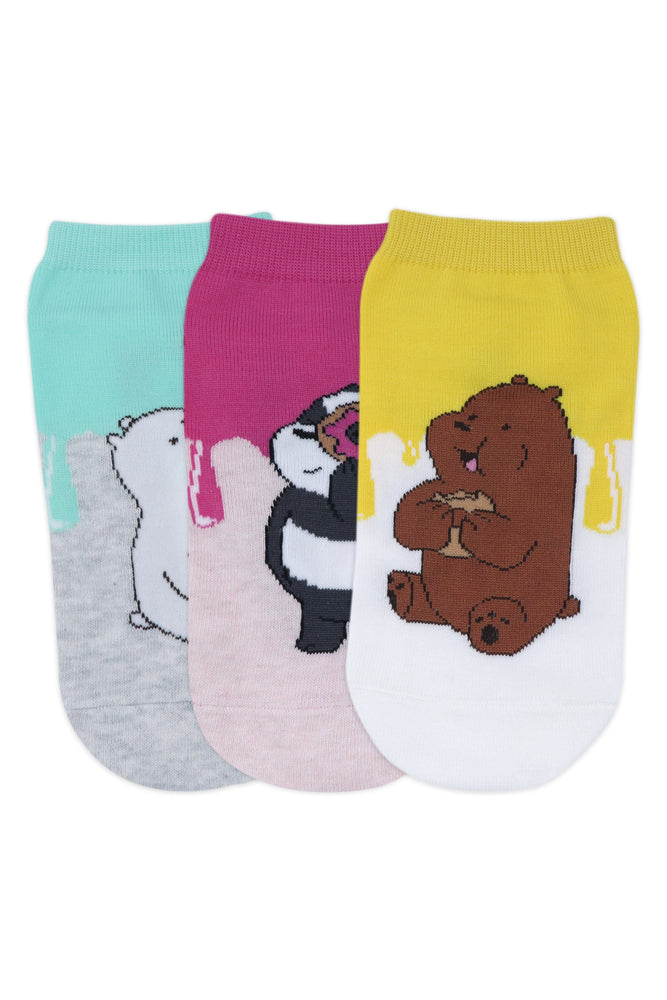 We Bare Bears By Balenzia Low Cut Socks For Women (Pack Of 3 Pairs/1U)-White,D.Grey,Brown - Balenzia