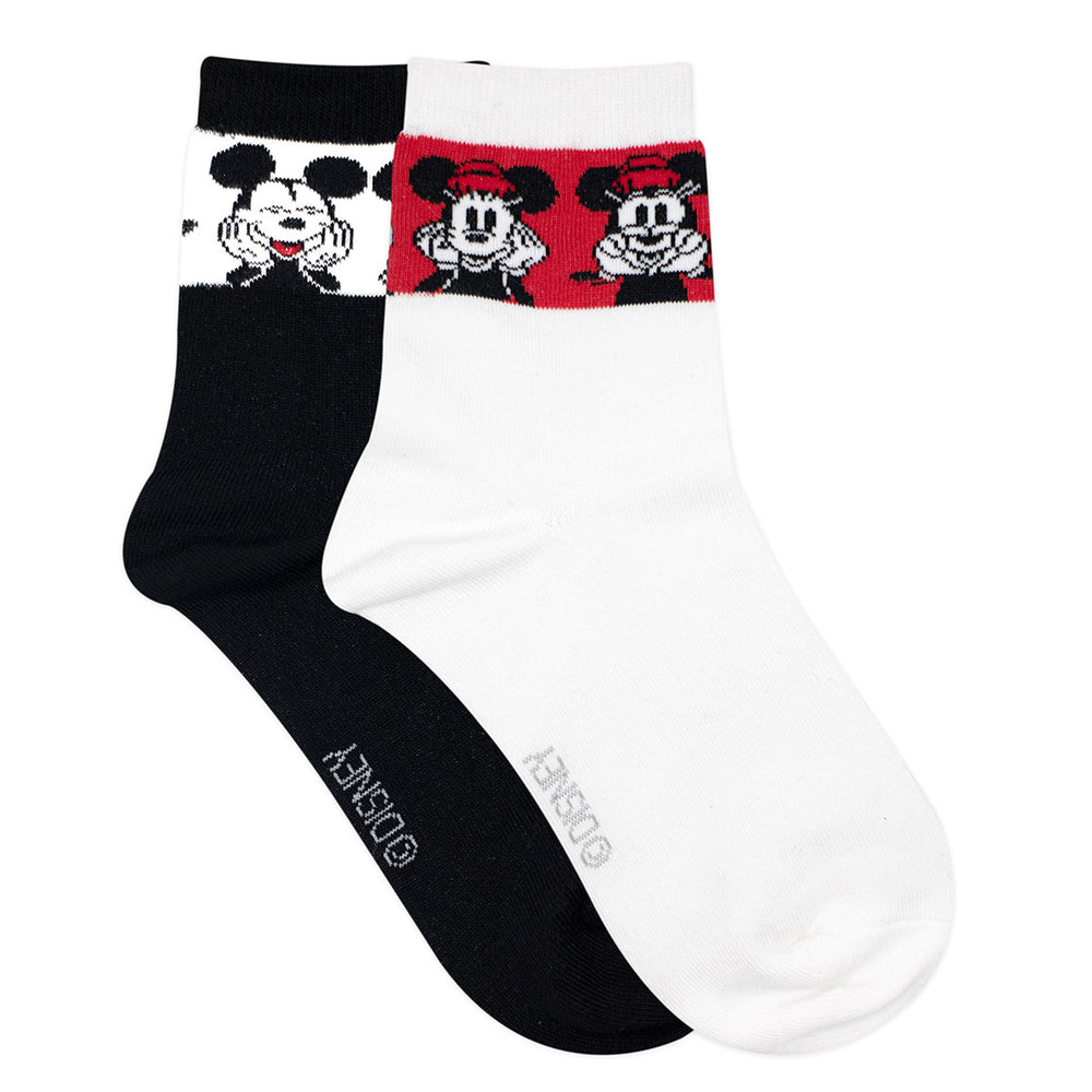 Balenzia x Disney Mickey & Minnie High Ankle Socks for Women (Pack of 2 Pairs/1U)(Free Size) Black,White - Balenzia