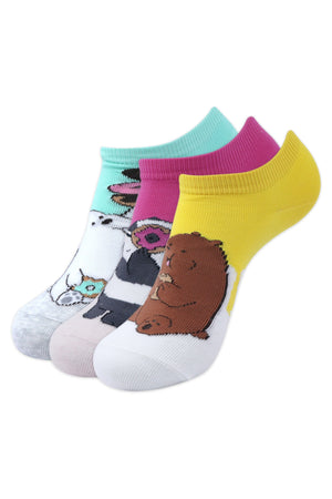 We Bare Bears By Balenzia Low Cut Socks For Women (Pack Of 3 Pairs/1U)-White,D.Grey,Brown - Balenzia